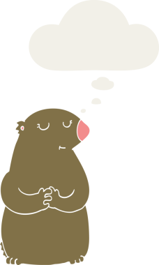 Bir insan tarafından çizilmiş düşünce baloncuğu olan sevimli çizgi film ayısı.