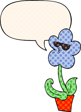 Bir insan tarafından çizilmiş çizgi roman tarzında konuşma baloncuğu olan havalı bir karikatür çiçeği.