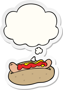 Düşünce baloncuklu çizgi film sosislisi insan tarafından çizilmiş bir çıkartma.