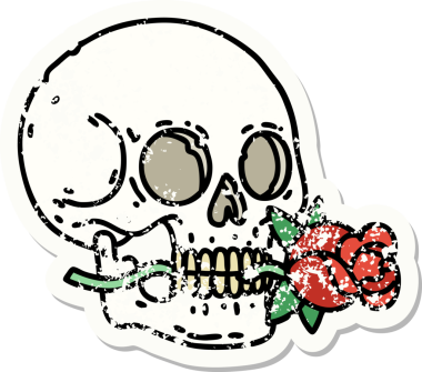 Geleneksel bir kafatası stili ve bir insan tarafından çizilmiş gül dövmesi.