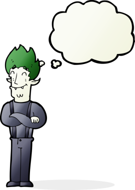 Bir insan tarafından çizilmiş düşünce balonlu mutlu vampir adam çizgi filmi.