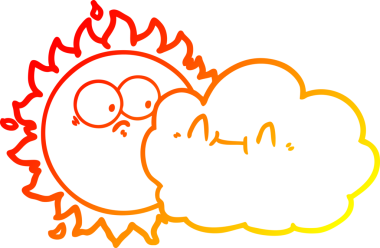 Sevimli bir karikatür bulutu ve bir insan tarafından çizilmiş güneş çizimi.