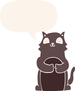 Konuşma baloncuğu olan çizgi film kedisi insan tarafından çizilmiş.