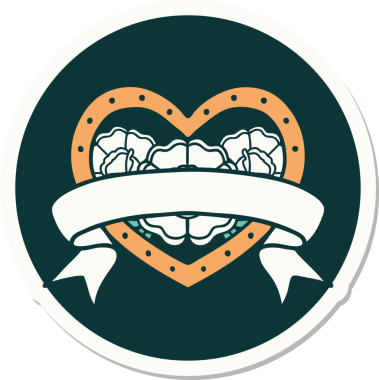 Geleneksel kalp stili dövme çıkartması ve bir insan tarafından çizilmiş çiçekli pankart.