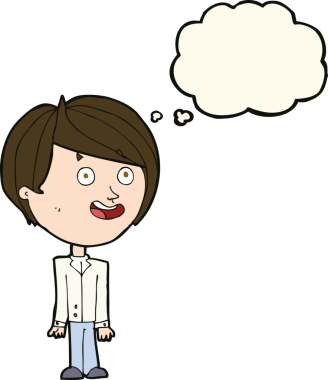 Mutlu çizgi film, bir insan tarafından çizilmiş düşünce balonuyla şaşırmış çocuk.