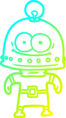 Bir insan tarafından çizilmiş ampullü mutlu bir robot çizimi.