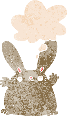 Düşünce baloncuklu çizgi film tavşanı grunge dertli eski moda bir insan tarafından çizilmiş.