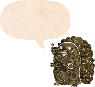 çizgi film mutlu kirpi konuşma balonu ile grunge sıkıntılı retro dokuma bir insan tarafından çizilmiş