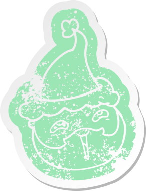 Garip bir çizgi film, sakallı, Noel Baba şapkası takan bir erkek yüzü, bir insan tarafından çizilmiş.