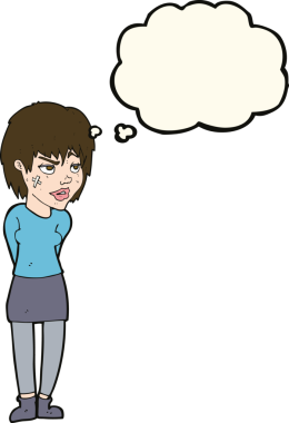 Yüzünde alçı olan, bir insan tarafından çizilmiş düşünce balonu olan karikatür kadın.