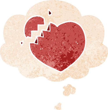 Kırık kalp karikatürü. Düşünce baloncuğu ve grunge. İnsan tarafından çizilmiş derili eski moda.