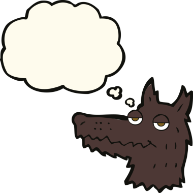 Bir insan tarafından çizilmiş düşünce balonlu bir kurt kafası.