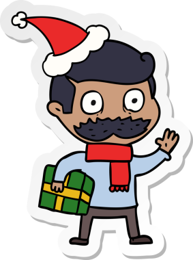 El çizimi, bıyıklı ve noel hediyesi olan bir adamın insan tarafından çizilmiş Noel Baba şapkası.