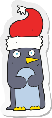 Bir insan tarafından çizilmiş Noel şapkalı penguen karikatürü çıkartması.