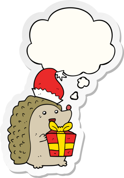 Düşünce baloncuklu Noel şapkası takan kirpi çizgi film karakteri bir insan tarafından çizilmiş çıkartma.