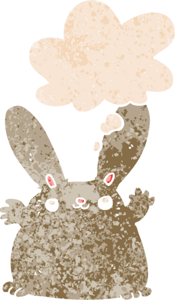 Düşünce baloncuklu çizgi film tavşanı grunge dertli eski moda bir insan tarafından çizilmiş.