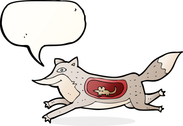 Bir insan tarafından çizilmiş, midesinde fare olan çizgi film kurdu.