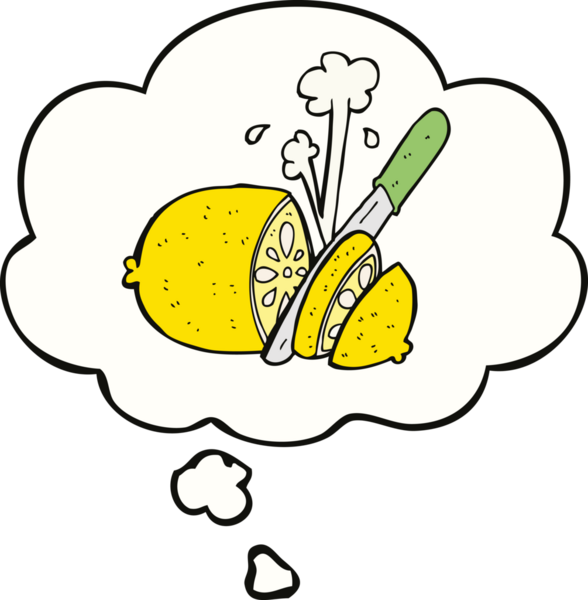 Bir insan tarafından çizilmiş düşünce baloncuklu dilimlenmiş limon.