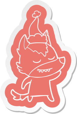 Bir insan tarafından çizilmiş Noel Baba şapkası takan bir kurdun dostça bir çizgi film çıkartması.