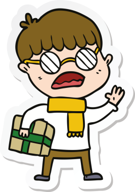 Elinde hediye tutan ve bir insan tarafından çizilmiş gözlük takan bir çizgi film çocuğunun çıkartması.