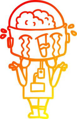 Bir insan tarafından çizilen kafa karışıklığında omuz silken ağlayan bir robot çizgi çizimi.