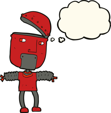 Bir insan tarafından çizilmiş düşünce balonlu açık kafalı komik çizgi film robotu.