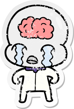 Bir çizgi filmin sıkıntılı çıkartması. Bir insan tarafından çizilmiş büyük beyinli uzaylı ağlaması.