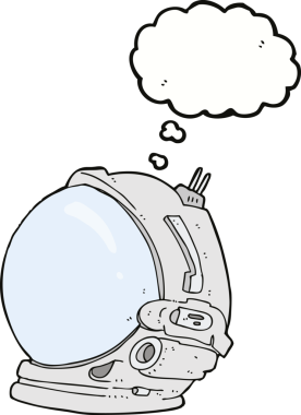 Bir insan tarafından çizilmiş düşünce baloncuklu astronot kaskı.