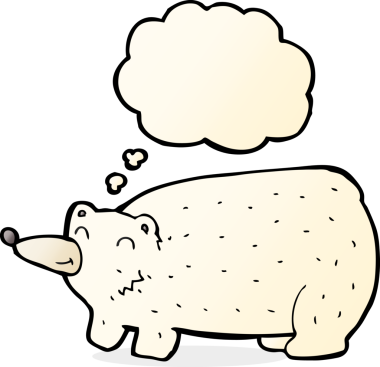 Bir insan tarafından çizilmiş düşünce baloncuklu komik kutup ayısı.