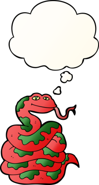 Bir insan tarafından çizilmiş yumuşak eğimli düşünce baloncuklu çizgi film yılanı.