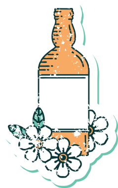 Bir insan tarafından çizilmiş bir rom şişesinin ve çiçeklerin sembolik desenli dövmesi.