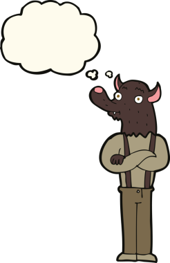 Bir insan tarafından çizilmiş düşünce baloncuğu olan karikatür dostu kurt adam.