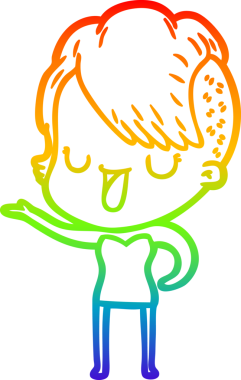 Gökkuşağı gradyan çizimi. Hipster saç kesimi bir insan tarafından çizilmiş şirin bir çizgi film kızı.