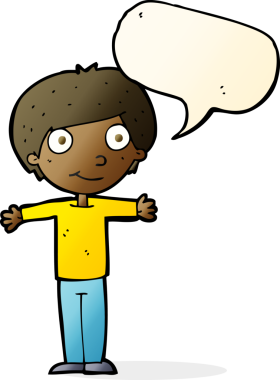 Bir insan tarafından çizilmiş konuşma balonuyla kolları açık mutlu çocuk çizgi filmi.