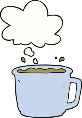 Bir insan tarafından çizilmiş düşünce baloncuklu kahve fincanı.