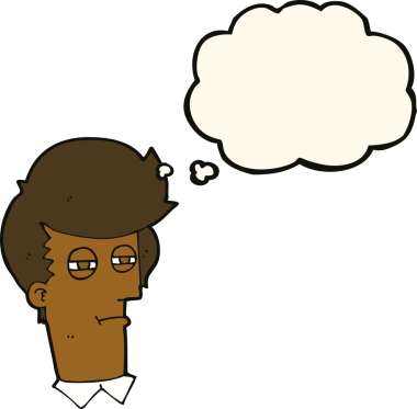 Bir insan tarafından çizilmiş düşünce baloncuğu olan şaşı gözlü çizgi film adamı.