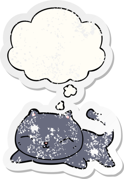 Düşünce baloncuğu olan çizgi film kedisi insan tarafından çizilmiş yıpranmış bir çıkartma.