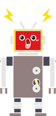 Bir insan tarafından çizilen robot arızasının düz renk retro karikatürü
