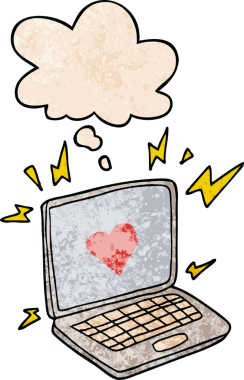 Bir insan tarafından çizilmiş grunge doku biçiminde düşünce baloncuğu olan internet randevu karikatürü