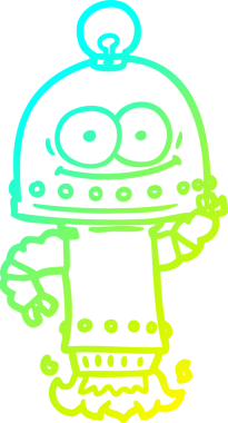 Bir insan tarafından çizilmiş ampullü mutlu bir robot çizimi.