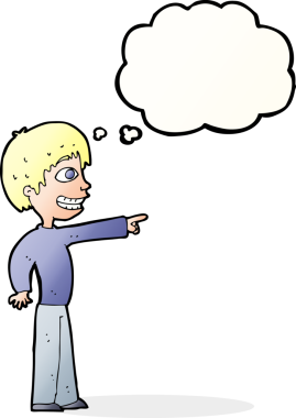 Bir insan tarafından çizilmiş düşünce balonuyla işaret eden sırıtan çocuk.