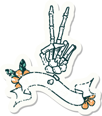 İskelet sancağıyla eski bir çıkartma. Bir insan tarafından çizilmiş barış işareti.