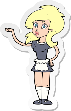 Çizgi film çıkartması. Bir insan tarafından çizilmiş güzel bir garson.