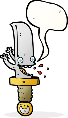 Bir insan tarafından çizilmiş konuşma balonlu çılgın bıçak çizgi karakteri.