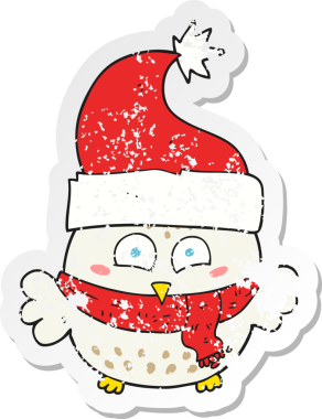 Bir insan tarafından çizilmiş noel şapkası giyen bir baykuşun gerilimli çıkartması.