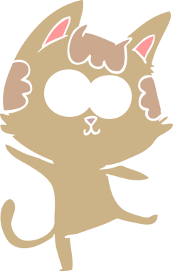 Bir insan tarafından çizilmiş mutlu düz renkli çizgi film kedi dansı.