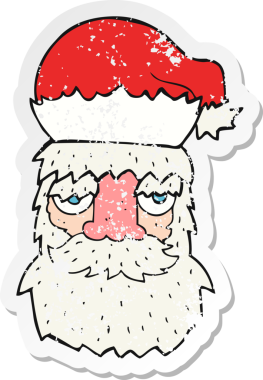 Bir insan tarafından çizilmiş yorgun Noel Baba suratlı karikatürün gerilimli yapıştırması.