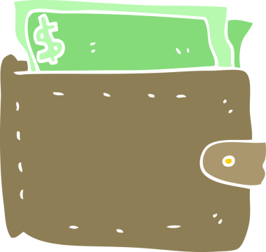 Bir insan tarafından çizilen para dolu cüzdanın düz renk çizimi