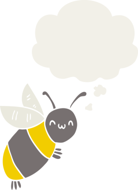 Düşünce baloncuğu olan sevimli çizgi film arısı insan tarafından çizilmiş.