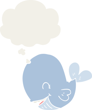 Düşünce baloncuğu olan karikatür balinası insan tarafından çizilmiş.